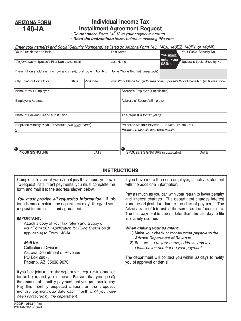Arizona Form 140 IA  Arizona Department of Revenue