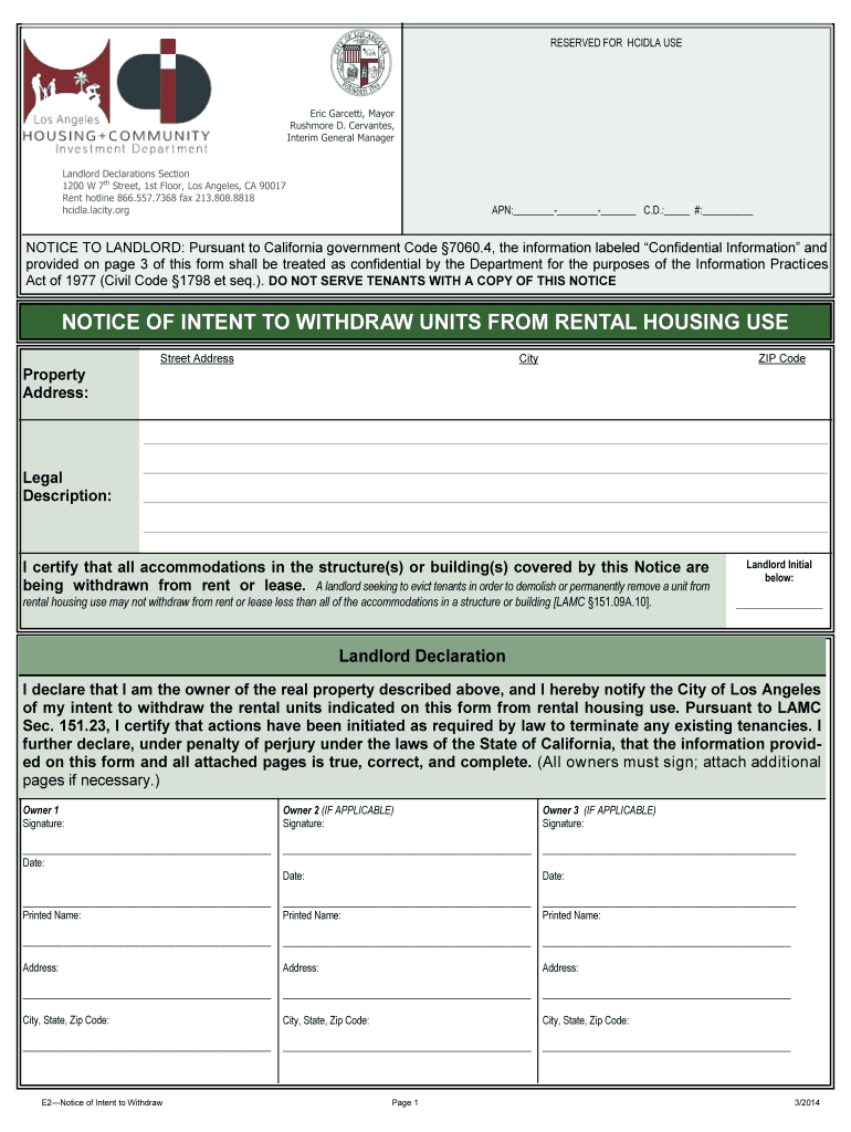  Notice of Intent to Withdraw Units from Rental Housing Use  Lahd Lacity 2014-2024