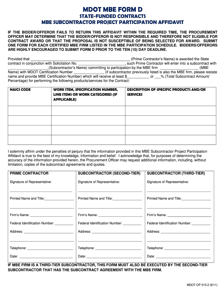  MDOT MBE FORM D  Sha Maryland 2011-2024