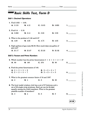 Basic Math Skills Assessment Printable  Form