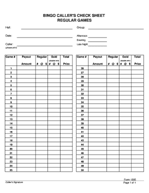 Printable Bingo Master Call Sheet  Form
