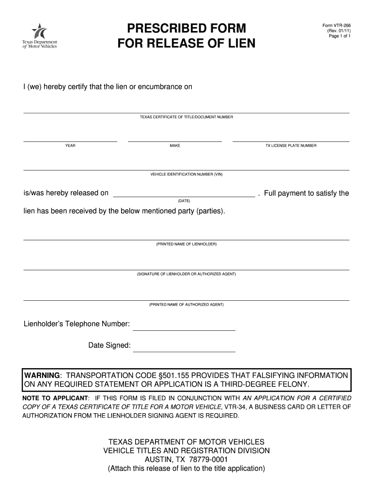 Release of Lien Form Texas