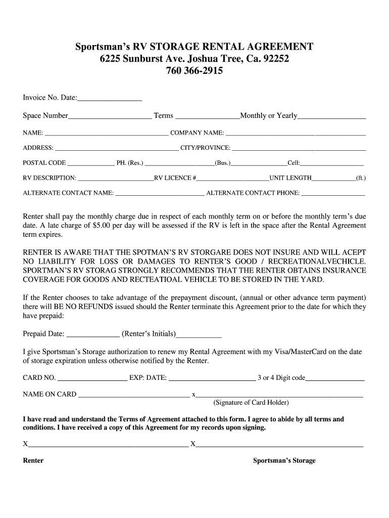 Rv Storage Agreement  Form