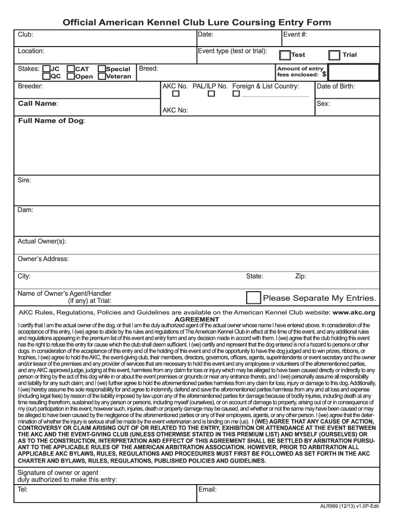  Official Akc Lure Coursing Entry Form 2013