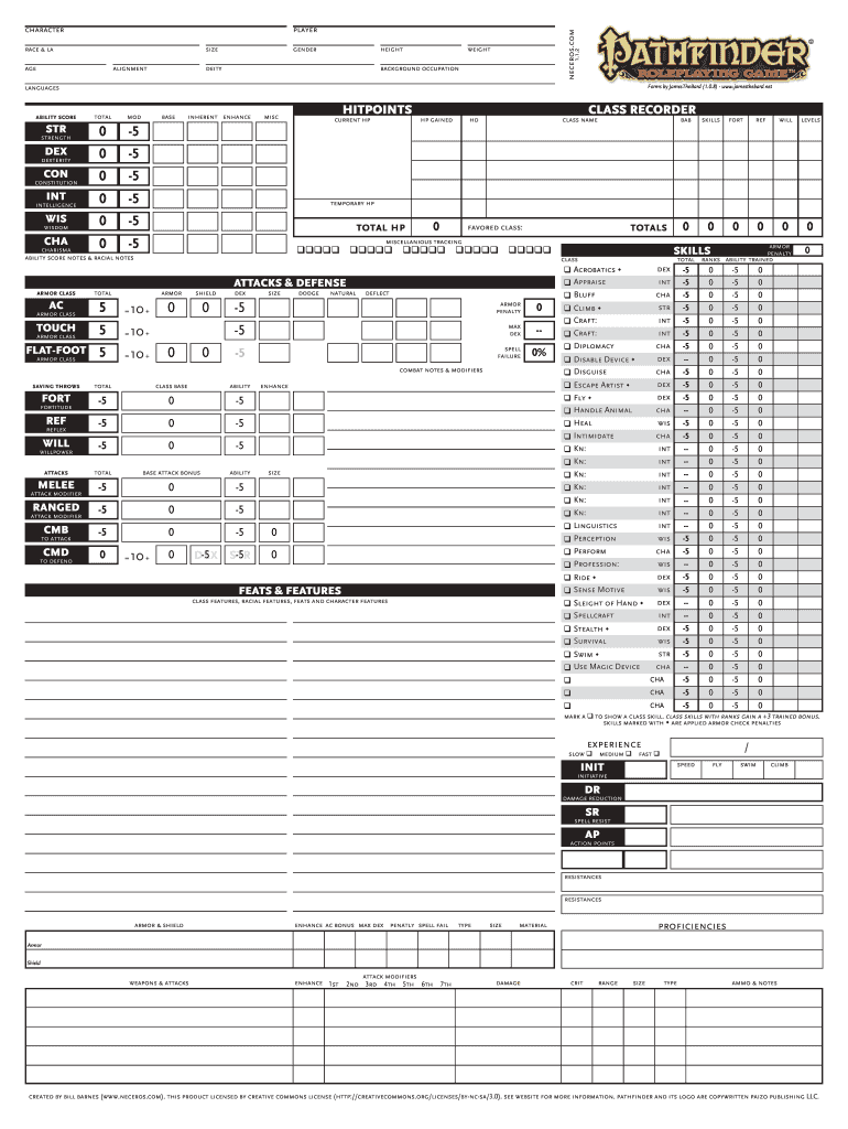 Pathfinder Character Sheet  Form