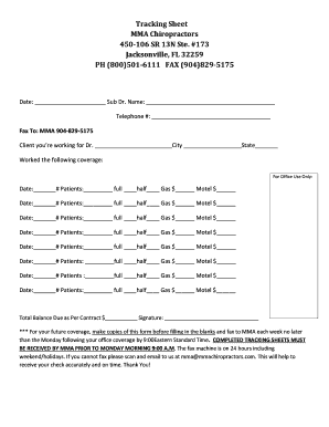 Tracking Sheet MMA Chiropractors 450 106 BSR 13Nb Ste 173 Bb  Form