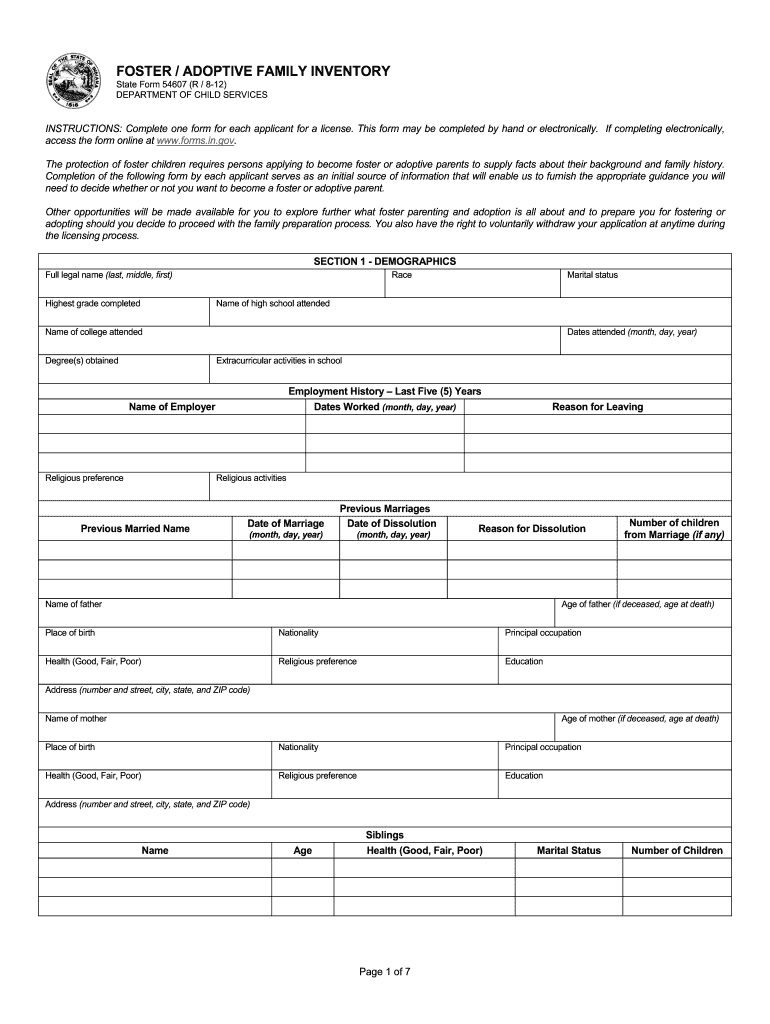  Foster Adoptive Family Inventory  ICPR State Forms Online Catalog  Benchmarkfamilyservices 2012