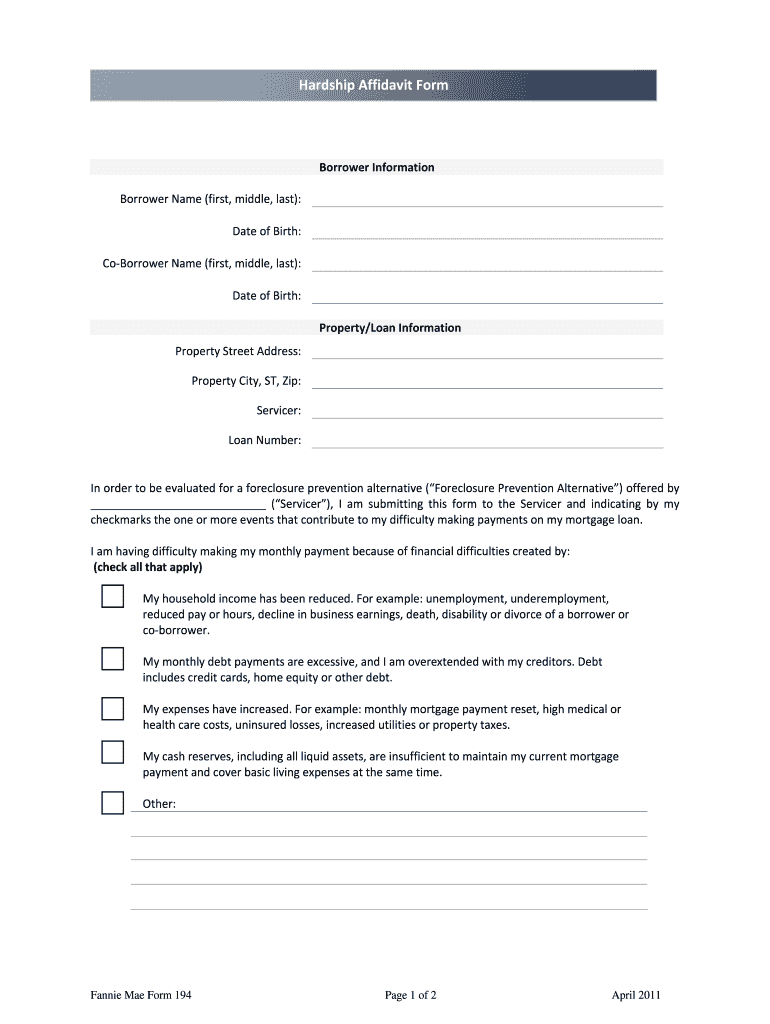  Fannie Mae Hardship Affidavit Form 194 PDF  EMMA 2011-2024
