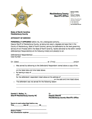 Affidavit of Service Form Charlotte Mecklenburg County Charmeck