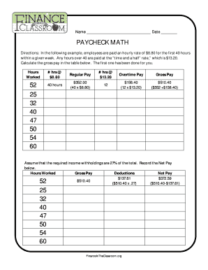 Paycheck Math Worksheet  Form