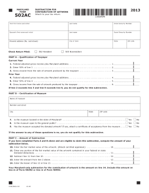 MARYLAND SUBTRACTION for FORM CONTRIBUTION of ARTWORK 502AC