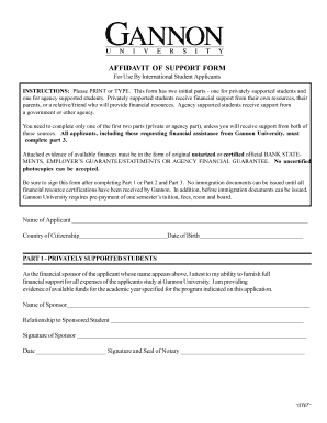 Gannon University Affidavit of Support  Form