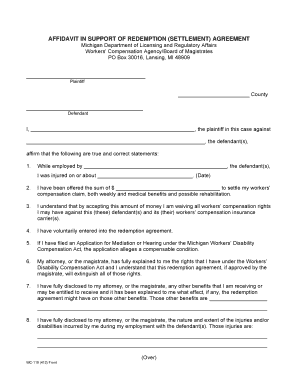 Form WC 119 Affidavit in Support of Redemption Agreement Michigan