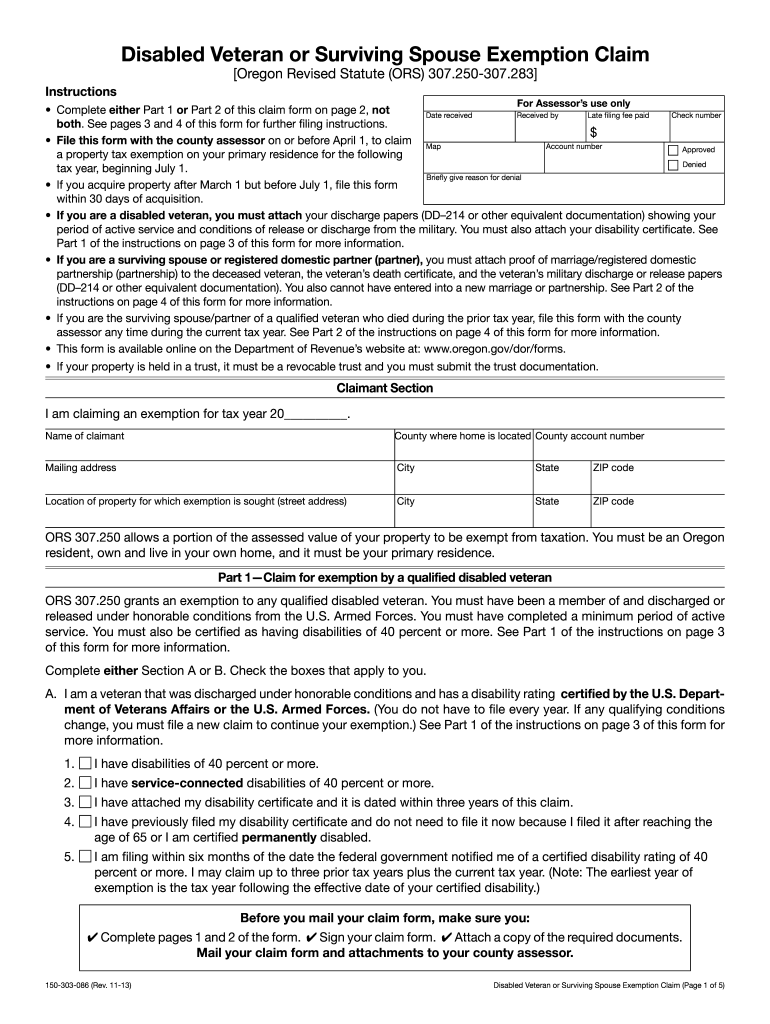Disabled Veteran or Surviving Spouse Exemption Claim, 150 303 086 Use This Form If Your Are a Disabled Veteran or a Surviving S