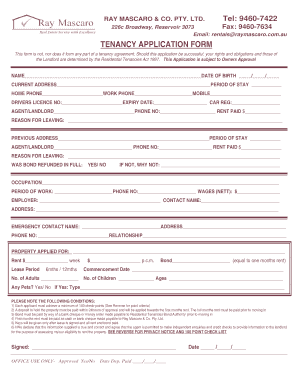 TENANCY APPLICATION FORM Ray Mascaro &amp; Co Pty Ltd