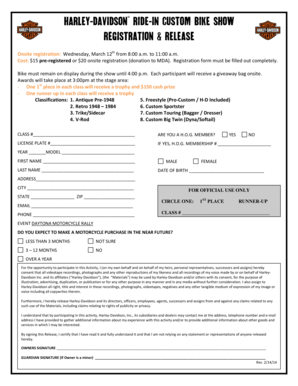 Harley Davidson Ride in Custom Bike Show Registration &amp; Relase  Form