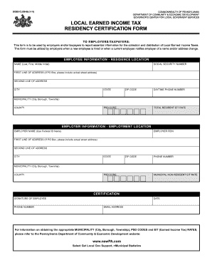 LOCAL EARNED INCOME TAX RESIDENCY CERTIFICATION FORM