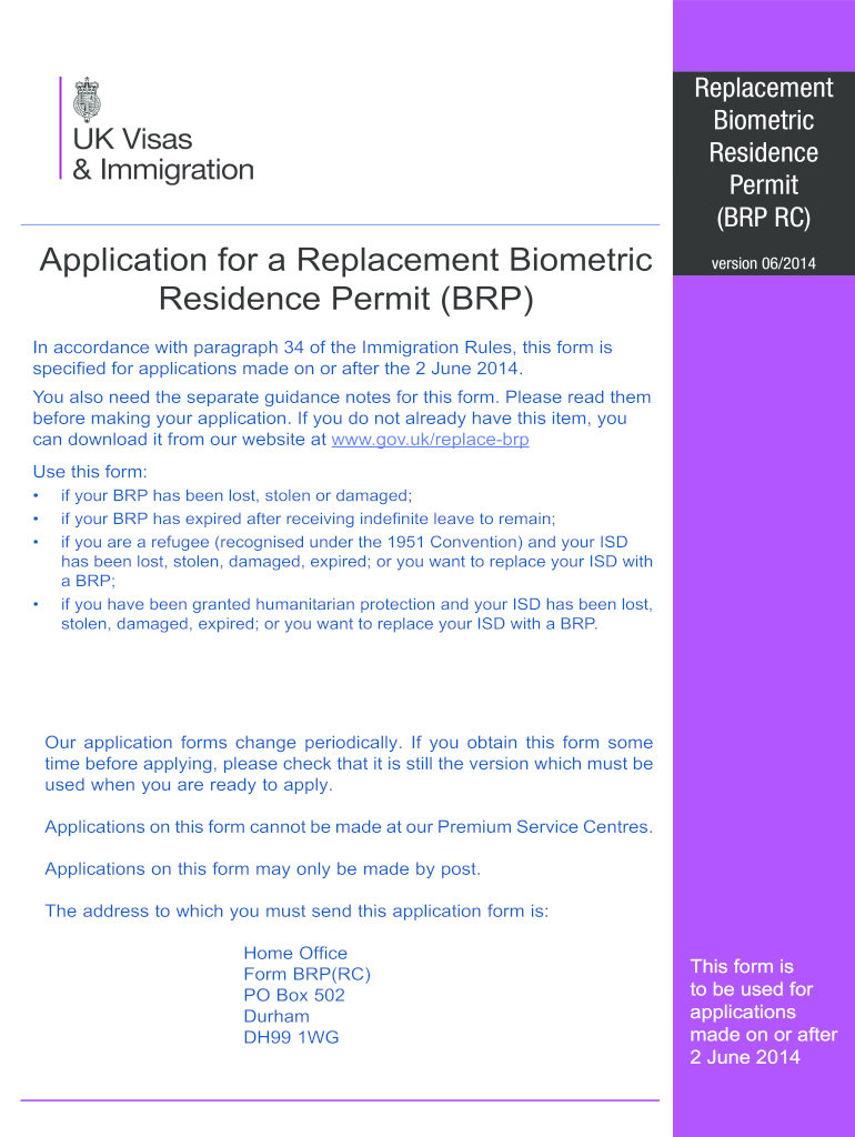 Get and Sign Biometric Residence Permit Application Form 2014-2022