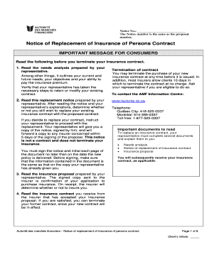 Notice of Replacement of Insurance of Persons Contract  Form