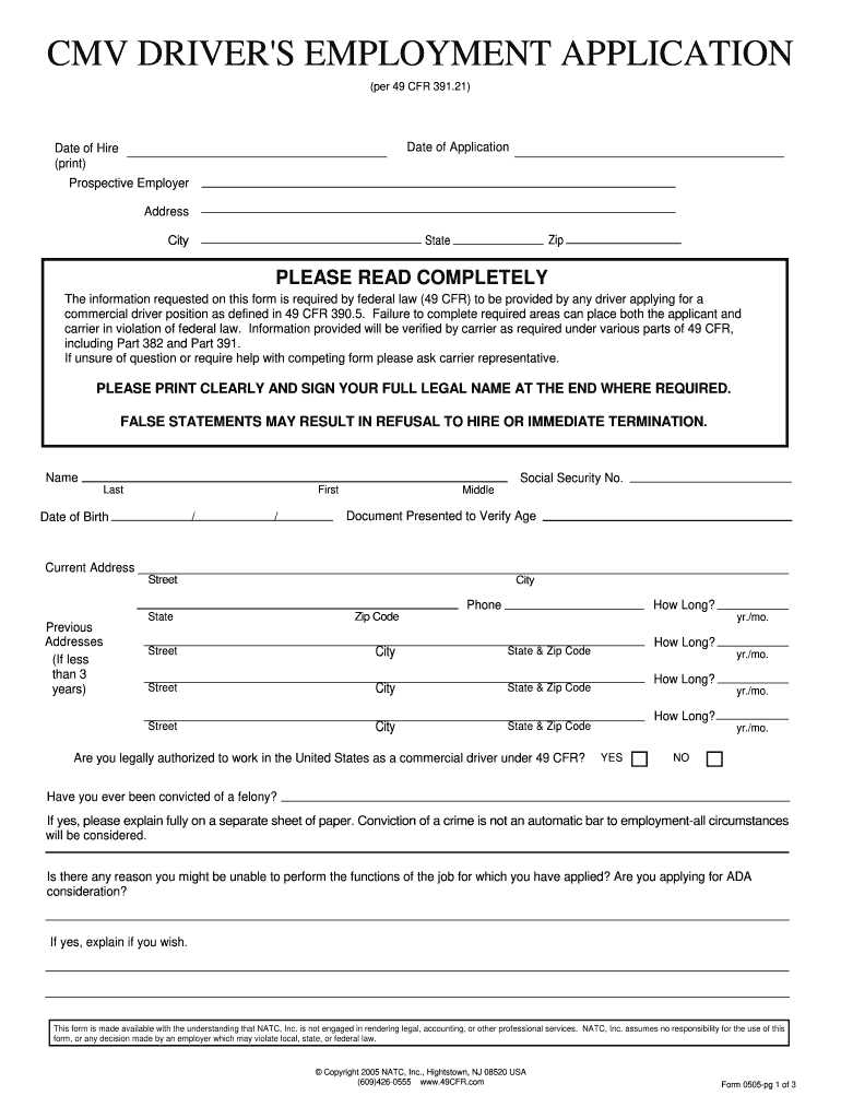 Cmv Drivers Employment Application  Form