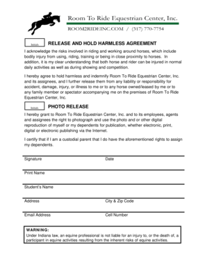 Release and Hold Harmless Agreement Room to Ride Equestrian  Form