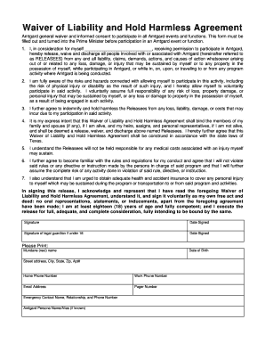 Waiver of Liability and Hold Harmless Agreement  Form