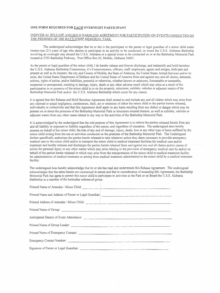 One Form Required for Each Overnight Participant Individual Release