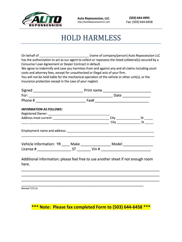 Repossession Hold Harmless Agreement PDF 2012-2024