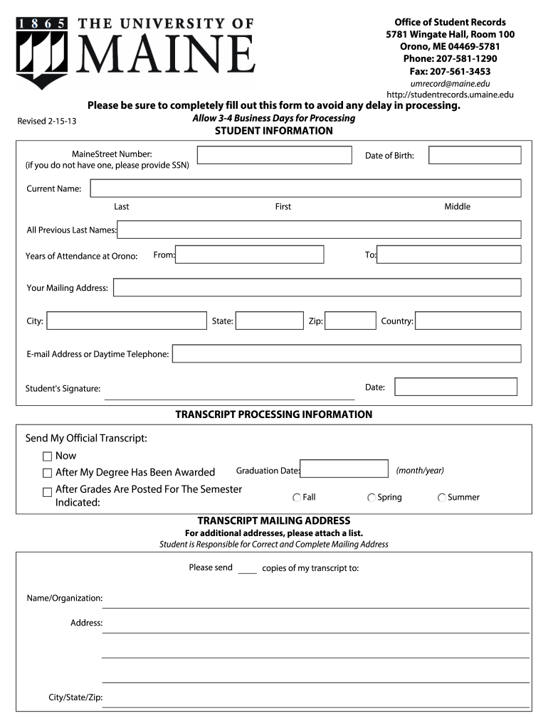 Transcript Request Form PDF  Student Records  the University of    Studentrecords Umaine