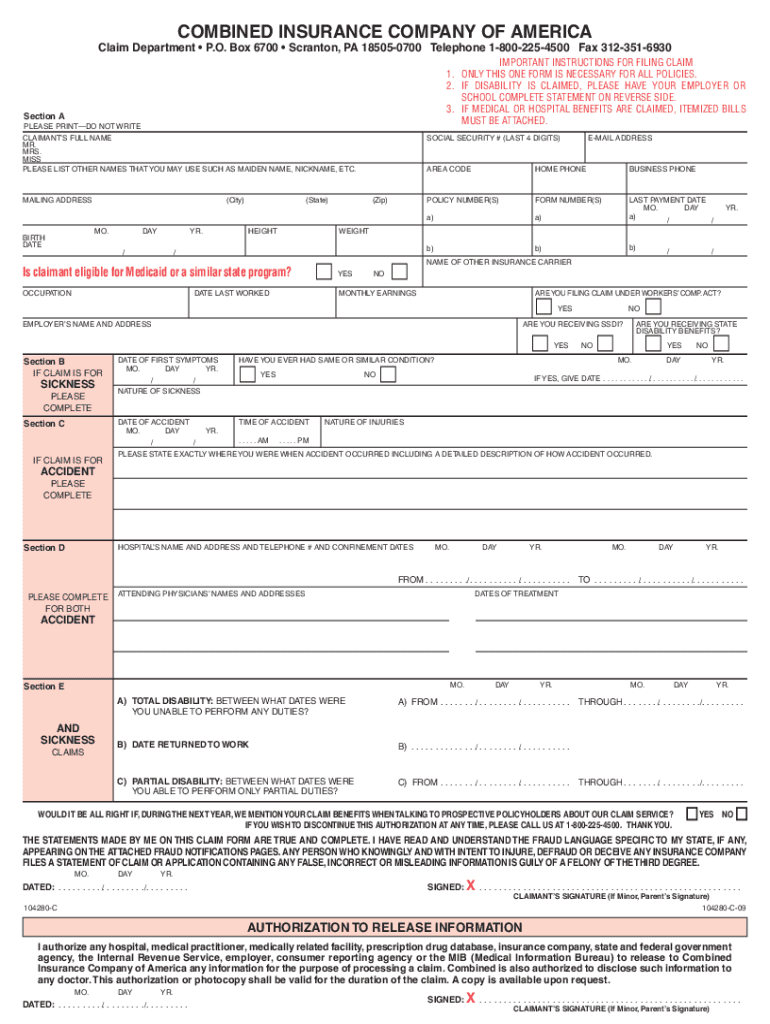 Combined Insurance Claim Forms Printable