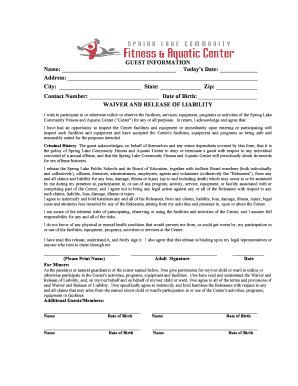 Print Guest Waiver Spring Lake Community Fitness and Aquatic  Form