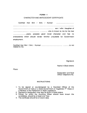 Character and Antecedent Certificate  Form