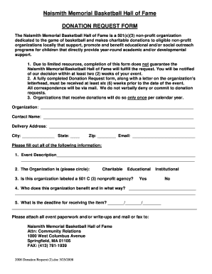 Basketball Hall of Fame Donation Request  Form