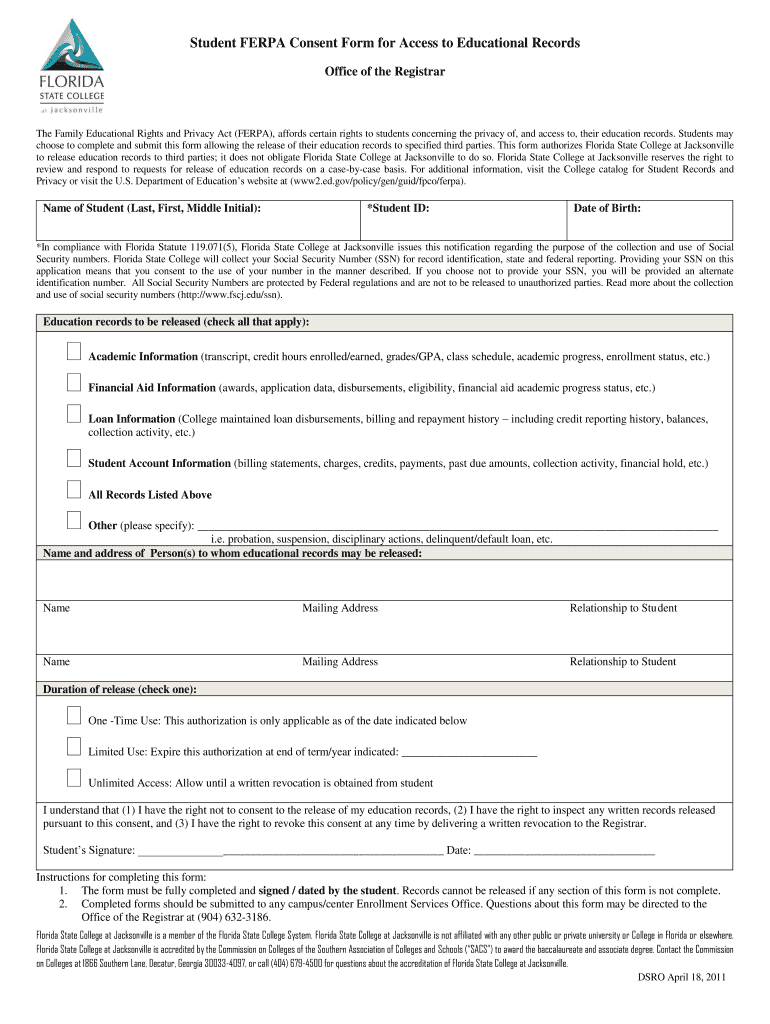  Student FERPA Consent Form for Access to Educational Records 2011-2024