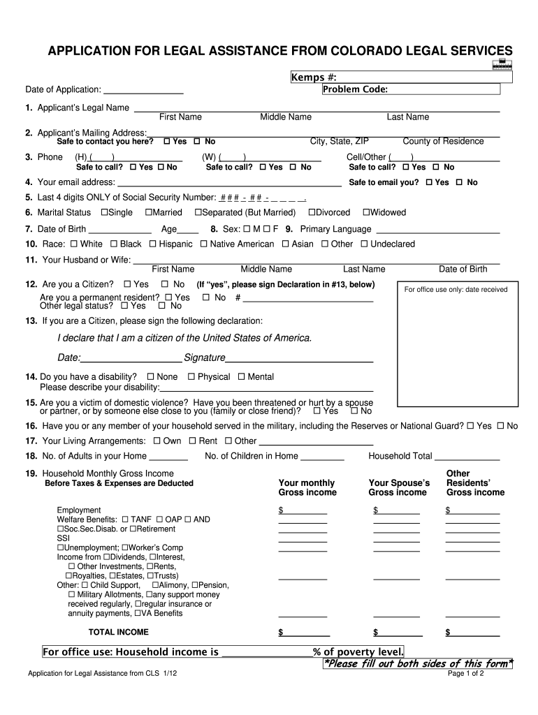  APPLICATION for LEGAL ASSISTANCE from COLORADO LEGAL SERVICES 2012-2024