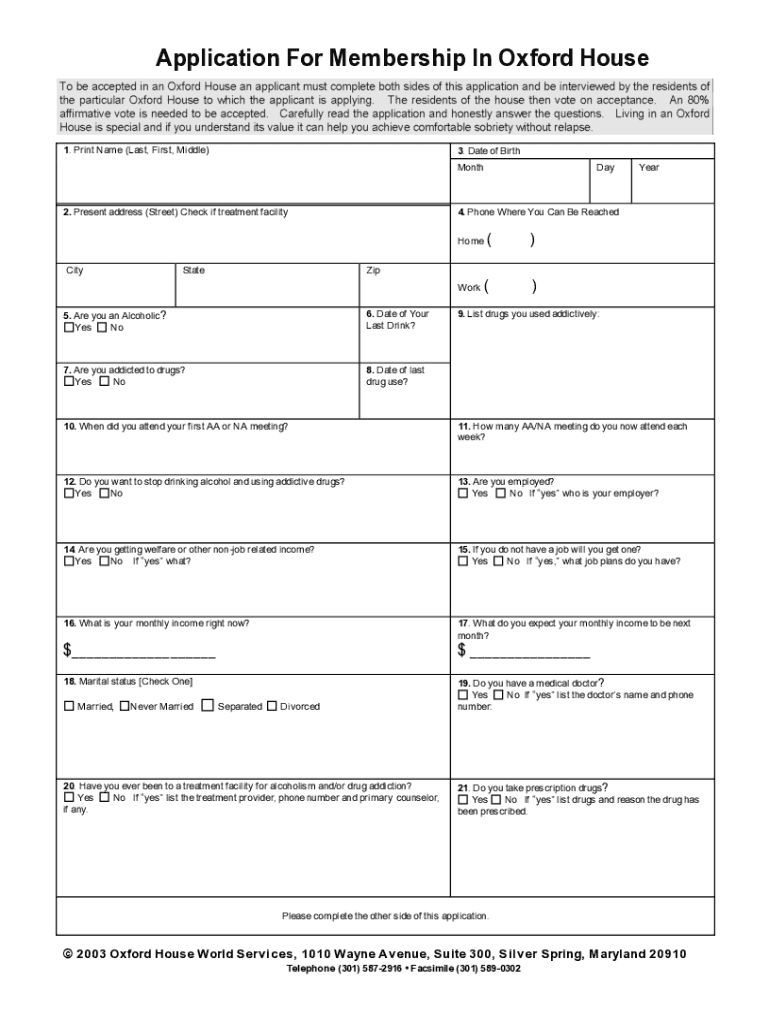 Oxford House Reentry Application  Form