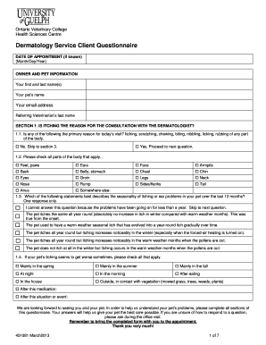 Dermatology Service Client Questionnaire Ontario Veterinary Bb  Form