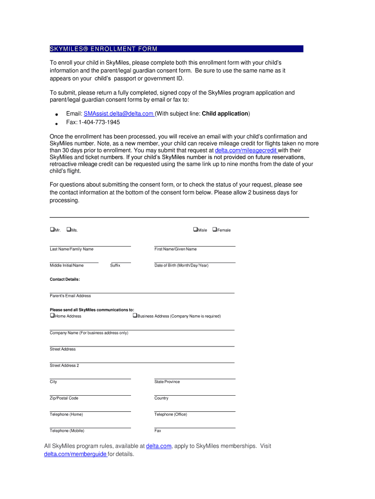 Delta Skymiles Child Application  Form