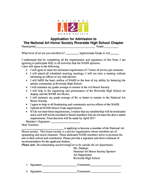 Application for Admission to the National Art Honor Society Lcps  Form