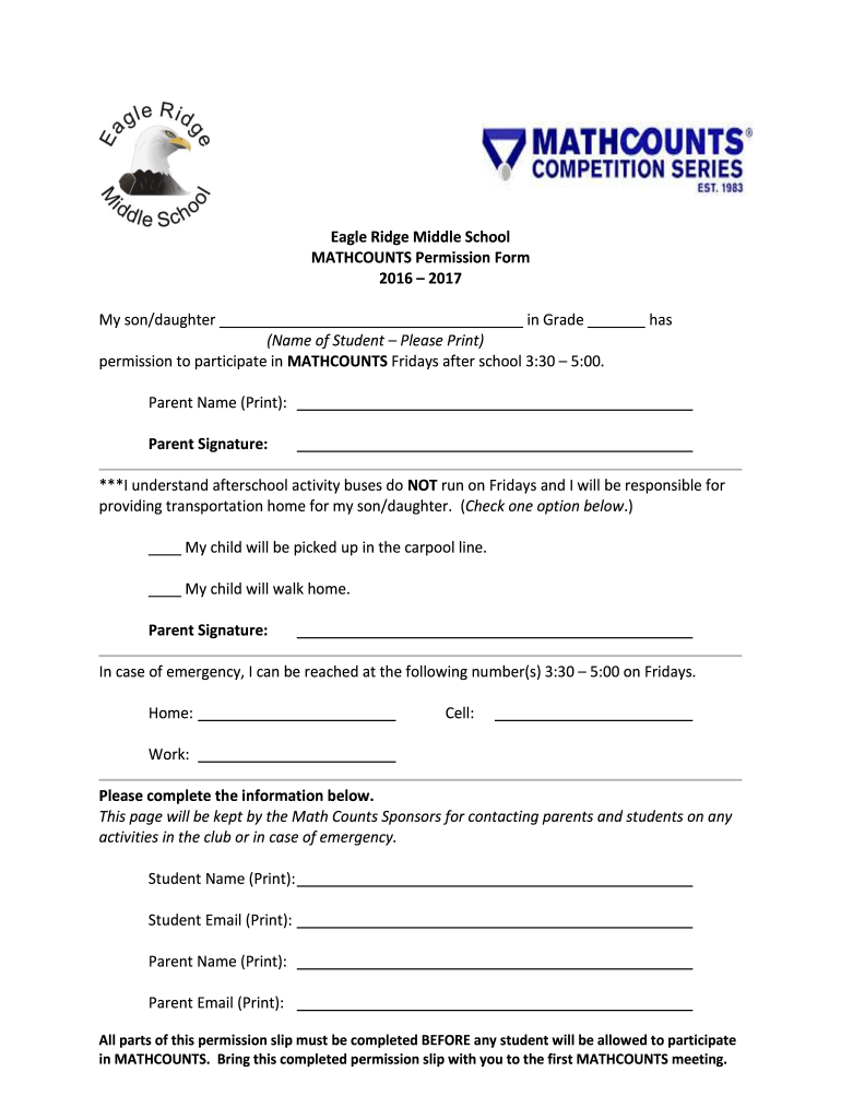 Eagle Ridge Middle School MATHCOUNTS Permission Form    Lcps 2017-2024