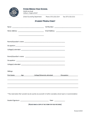 STONE BRIDGE HIGH SCHOOL STUDENT PROFILE SHEET Lcps  Form