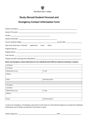 Study Abroad Personal and Emergency Contact Form Bluefieldstate