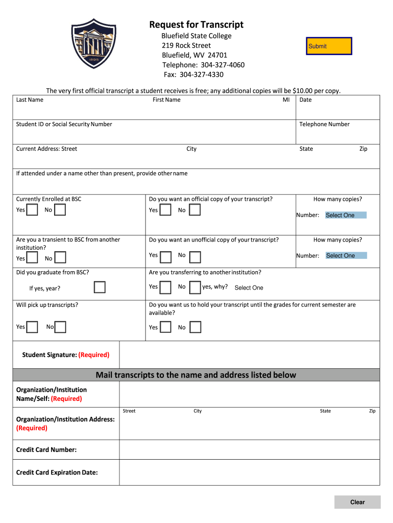 Bluefield State College Transcript Request  Form