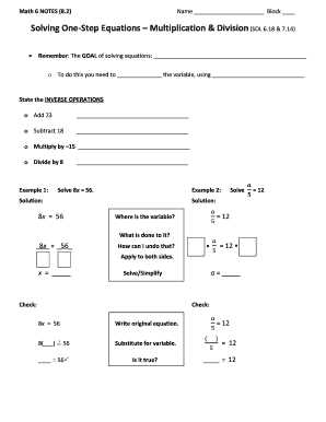 Solving One Step Equations PDF  Form