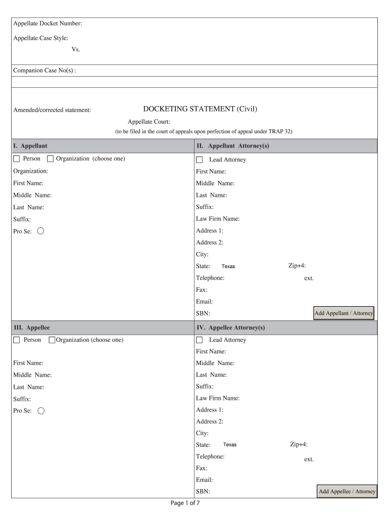 Texas Docketing  Form