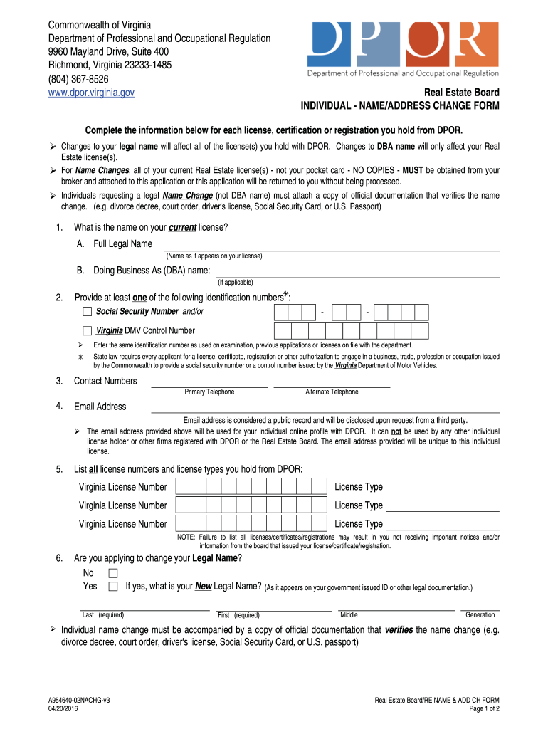 Dpor Address Change  Form