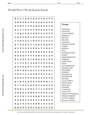 World War 1 Word Search Puzzle Answer Key PDF  Form