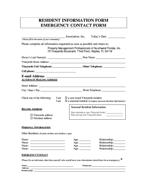 RESIDENT INFORMATION FORM EMERGENCY CONTACT FORM