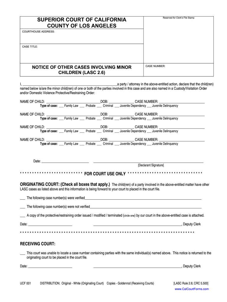 Notice of Other Cases Involving Minor Children Lasc 2 6 Ucf001  Form