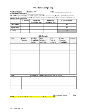 Hemocue Glucose 201 Quality Control Log Sheet 2012